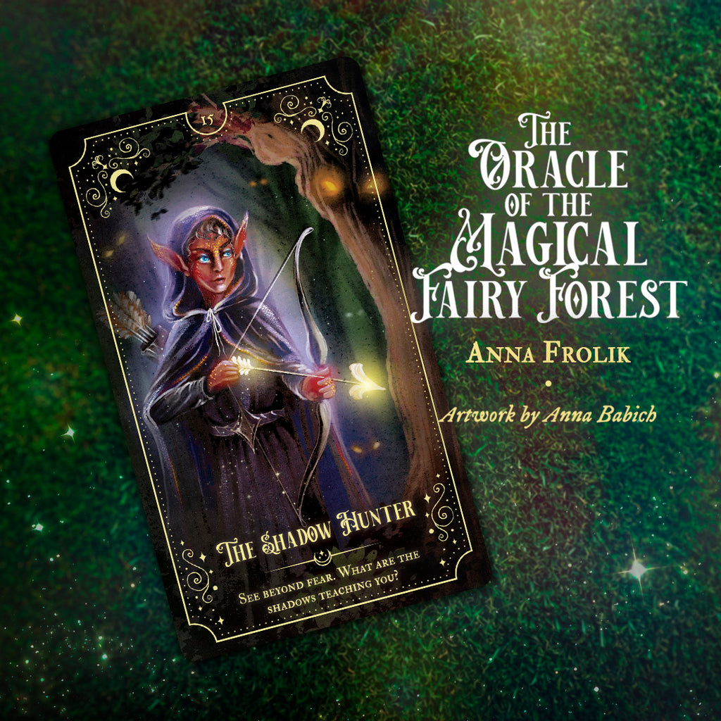 The Oracle of the Magical Fairy Forest Limited Edition by Rage Create features a card, The Shadow Hunter, depicting a vigilant elf archer with a glowing arrow in hand-illustrated art by Anna Babich. This is a Kickstarter exclusive.