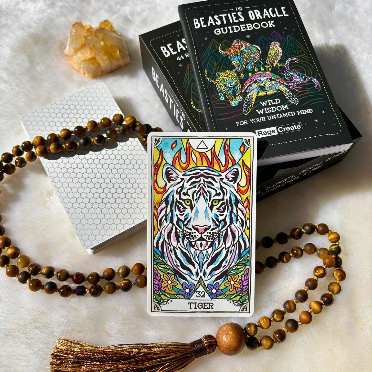The Eye of the Tiger Mala (1 of 1) + Beasties Oracle Deck