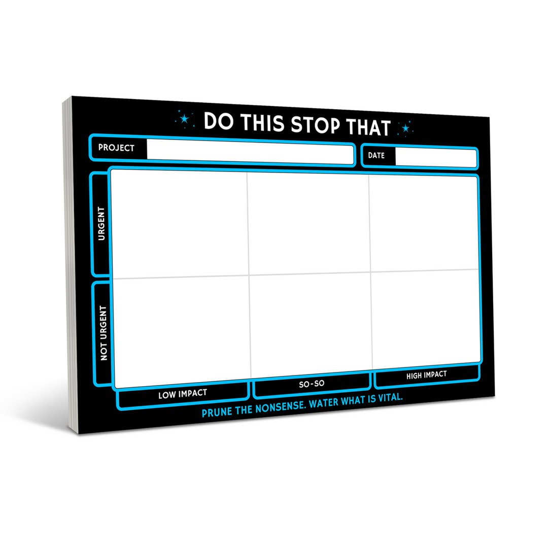 Notepad with sections for urgent, not urgent, low impact, so-so, and high impact tasks.