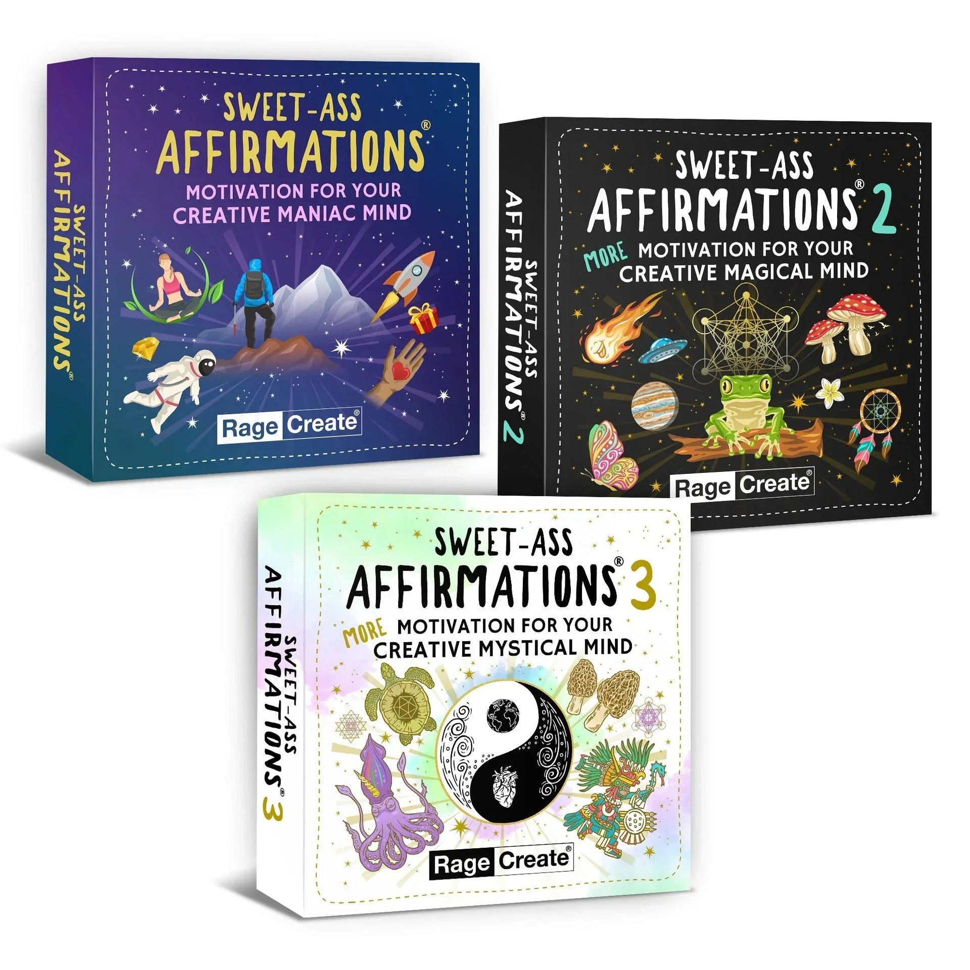 Three Sweet-Ass Affirmations deck boxes arranged together: purple starry first edition, black mystical second edition with frog and cosmic imagery, and pastel rainbow third edition with yin-yang symbo
