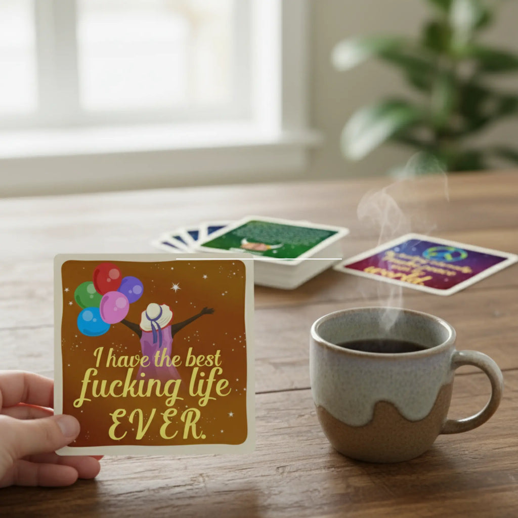 Person holding a card with 'I have the best fucking life EVER' text next to a steaming mug on a table.