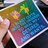 Card with text and gift illustrations held by a hand