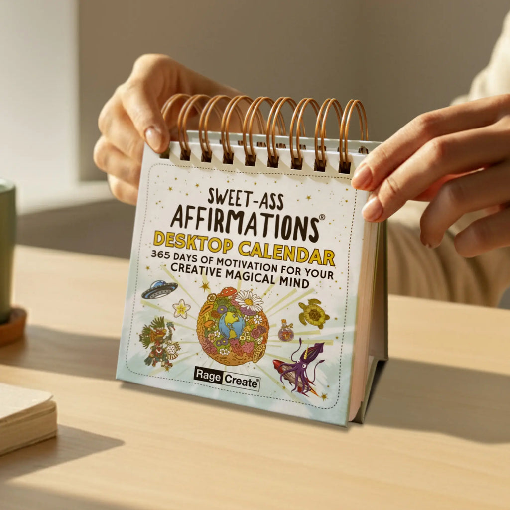 Sweet-Ass Affirmations Desktop Calendar held by a person on a wooden surface