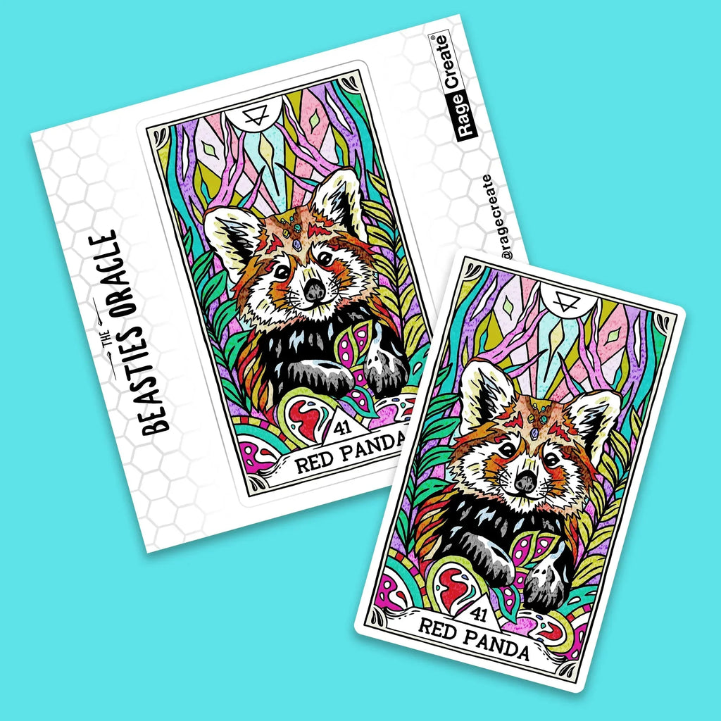 Red Panda oracle card sticker with vibrant multicolored geometric background displayed alongside its packaging on bright turquoise surface.