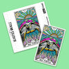 Two colorful Sea Turtle oracle stickers featuring intricate line art with vibrant turquoise, magenta, and gold details against a bright mint green background, showing the numbered card and product pac