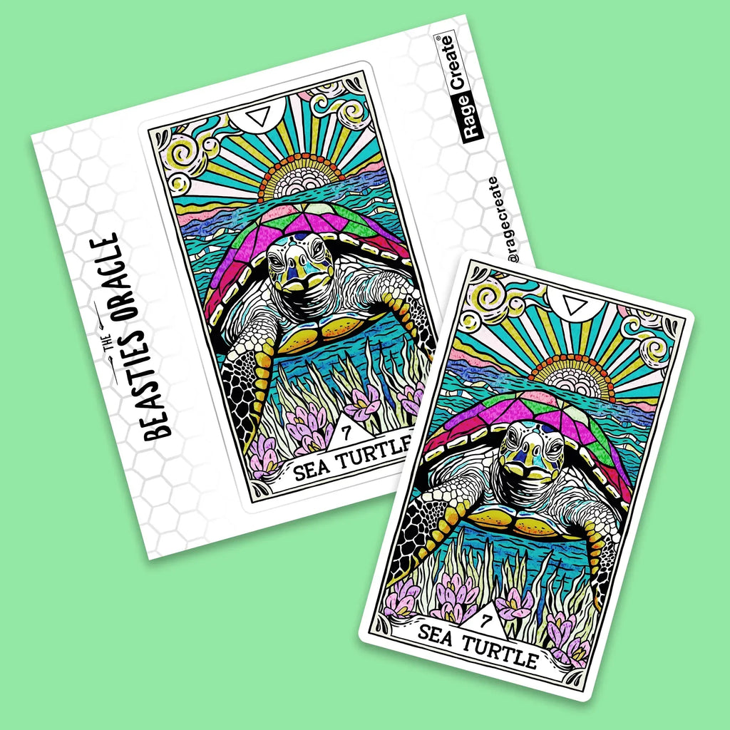 Two colorful Sea Turtle oracle stickers featuring intricate line art with vibrant turquoise, magenta, and gold details against a bright mint green background, showing the numbered card and product pac