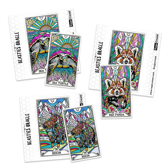 Three colorful oracle sticker cards featuring vibrant hand-drawn animals: a sea turtle with blue rays and pink coral, a red panda surrounded by psychedelic foliage, and a brown bison with rainbow land