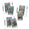 Three colorful oracle sticker cards featuring vibrant hand-drawn animals: a sea turtle with blue rays and pink coral, a red panda surrounded by psychedelic foliage, and a brown bison with rainbow land