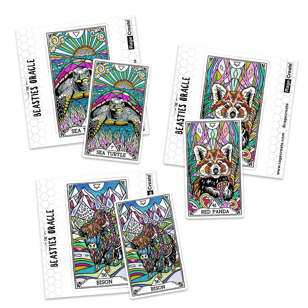 Three colorful oracle sticker cards featuring vibrant hand-drawn animals: a sea turtle with blue rays and pink coral, a red panda surrounded by psychedelic foliage, and a brown bison with rainbow land