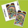 Two colorful sticker cards featuring the Helmeted Basilisk tarot card with a vibrant rainbow, stars, and psychedelic lizard artwork displayed against a bright lime-green background.