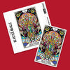 Two colorful Jellyfish oracle cards from the Beasties deck displayed on a bright red background, featuring intricate psychedelic line art with vibrant yellow, purple, pink, and green patterns.