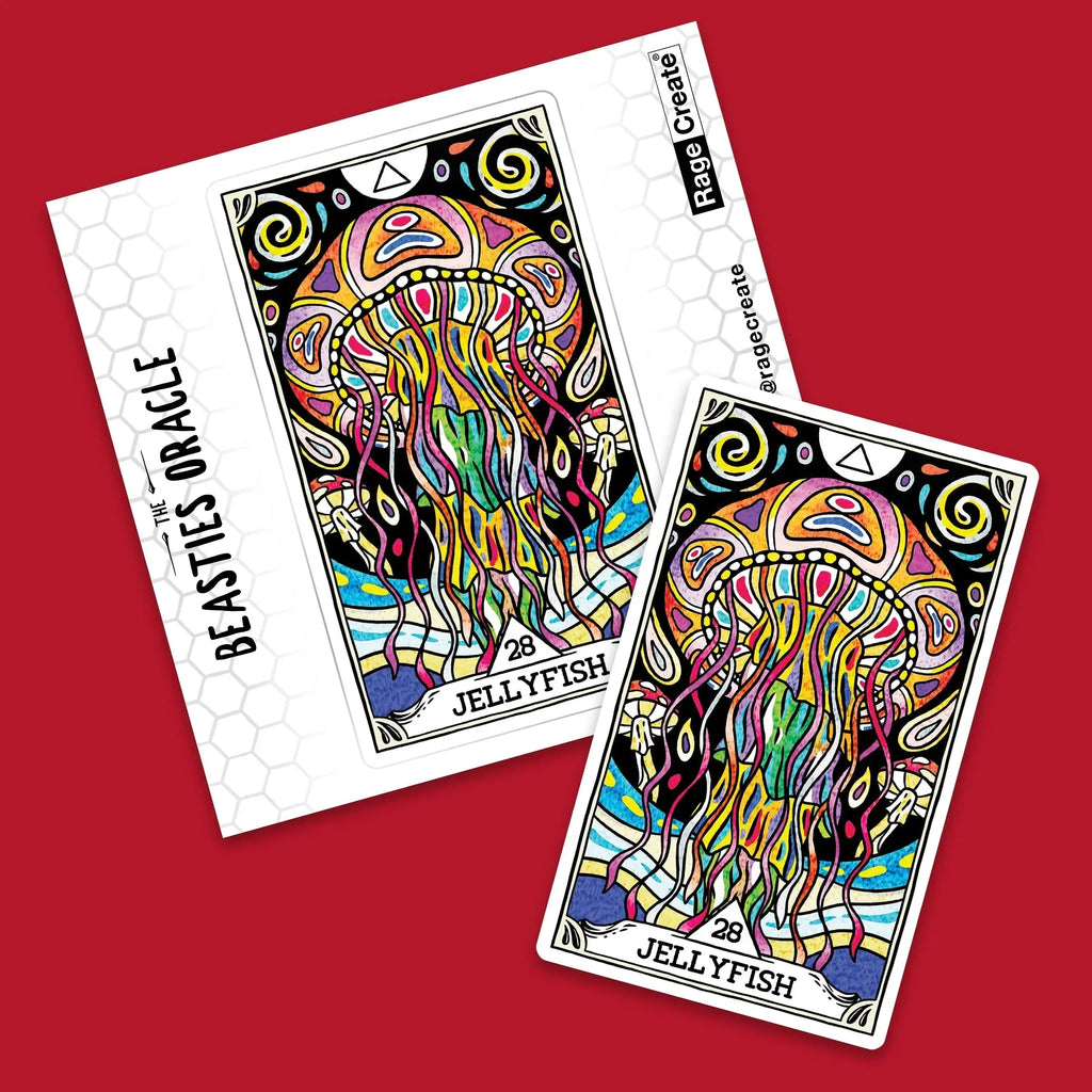 Two colorful Jellyfish oracle cards from the Beasties deck displayed on a bright red background, featuring intricate psychedelic line art with vibrant yellow, purple, pink, and green patterns.