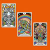 Three vibrant tarot-style oracle cards featuring a white tiger with flames, a rainbow-crowned basilisk, and a psychedelic jellyfish displayed against a bold orange background.