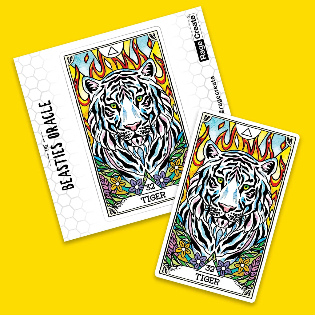 Two white sticker cards featuring an ornate tiger illustration with flame and flower motifs displayed at angles against a bright yellow background.