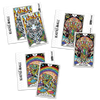 Three colorful tarot-style oracle cards featuring a striped tiger with flames, a psychedelic jellyfish, and a helmeted basilisk surrounded by mushrooms and rainbow elements, displayed fanned against w