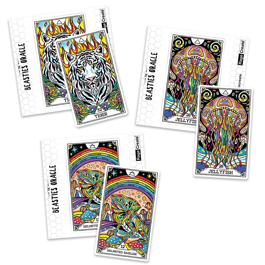 Three colorful tarot-style oracle cards featuring a striped tiger with flames, a psychedelic jellyfish, and a helmeted basilisk surrounded by mushrooms and rainbow elements, displayed fanned against w