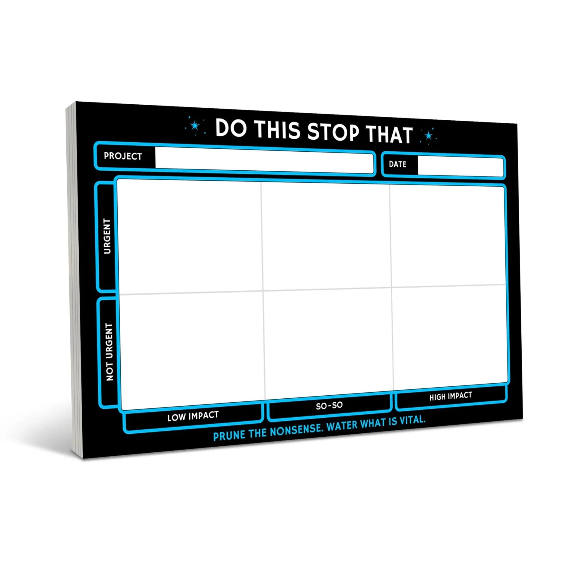 Black notepad with bright blue neon borders displaying a priority matrix grid with project and date fields, urgency categories, and impact levels for task organization.