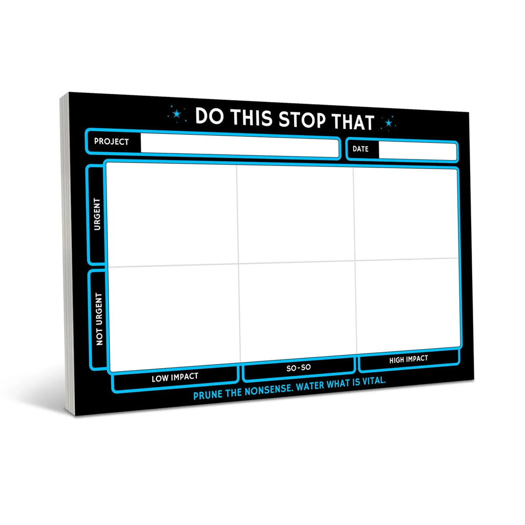 Black notepad with bright blue neon borders displaying a priority matrix grid with project and date fields, urgency categories, and impact levels for task organization.