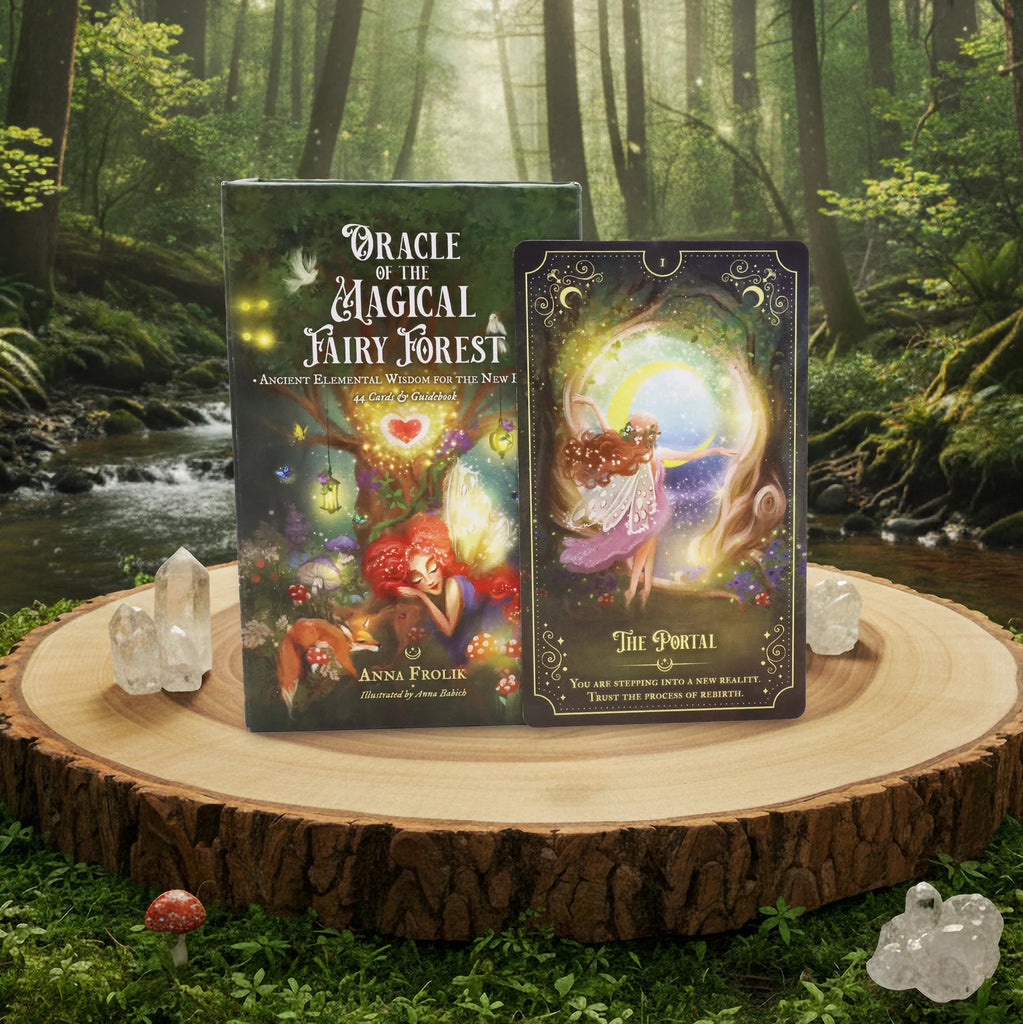 A book rests on a stump in the woods, enveloped by hand-illustrated magic—evoking the enchanting world of Oracle of the Magical Fairy Forest Limited Edition by Rage Create.