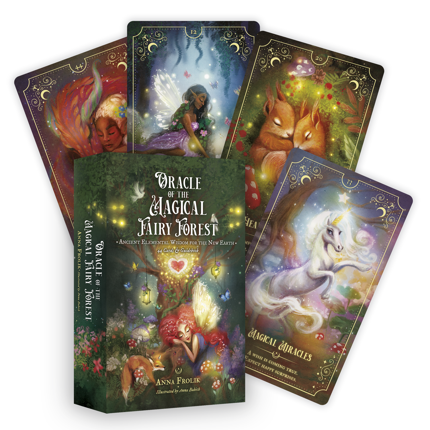 A boxed set, Oracle of the Magical Fairy Forest Limited Edition by Rage Create, stands before four cards featuring whimsical fairies, forest animals, and a unicorn—each adorned with hand-illustrated art in this Kickstarter release.