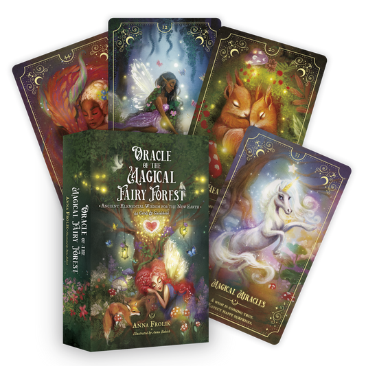 A boxed set, Oracle of the Magical Fairy Forest Limited Edition by Rage Create, stands before four cards featuring whimsical fairies, forest animals, and a unicorn—each adorned with hand-illustrated art in this Kickstarter release.
