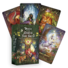A boxed set, Oracle of the Magical Fairy Forest Limited Edition by Rage Create, stands before four cards featuring whimsical fairies, forest animals, and a unicorn—each adorned with hand-illustrated art in this Kickstarter release.