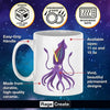 White ceramic mug featuring a purple octopus with gold accents, displayed against a starry night background with care icons showing dishwasher-safe, microwave-safe, and shipped with love.