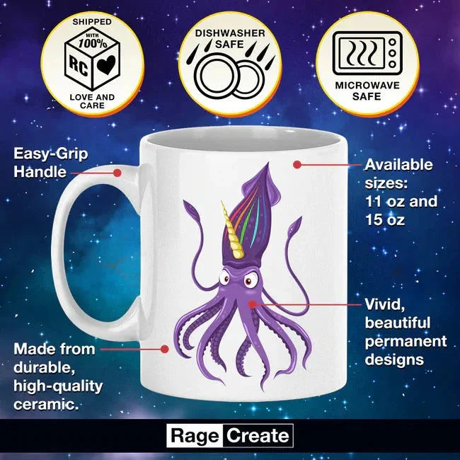 White ceramic mug featuring a purple octopus with gold accents, displayed against a starry night background with care icons showing dishwasher-safe, microwave-safe, and shipped with love.