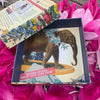 Colorful affirmation card deck box featuring an illustrated brown elephant wearing a decorative blanket, surrounded by vibrant pink peonies and displayed with a botanical companion book on cream-color