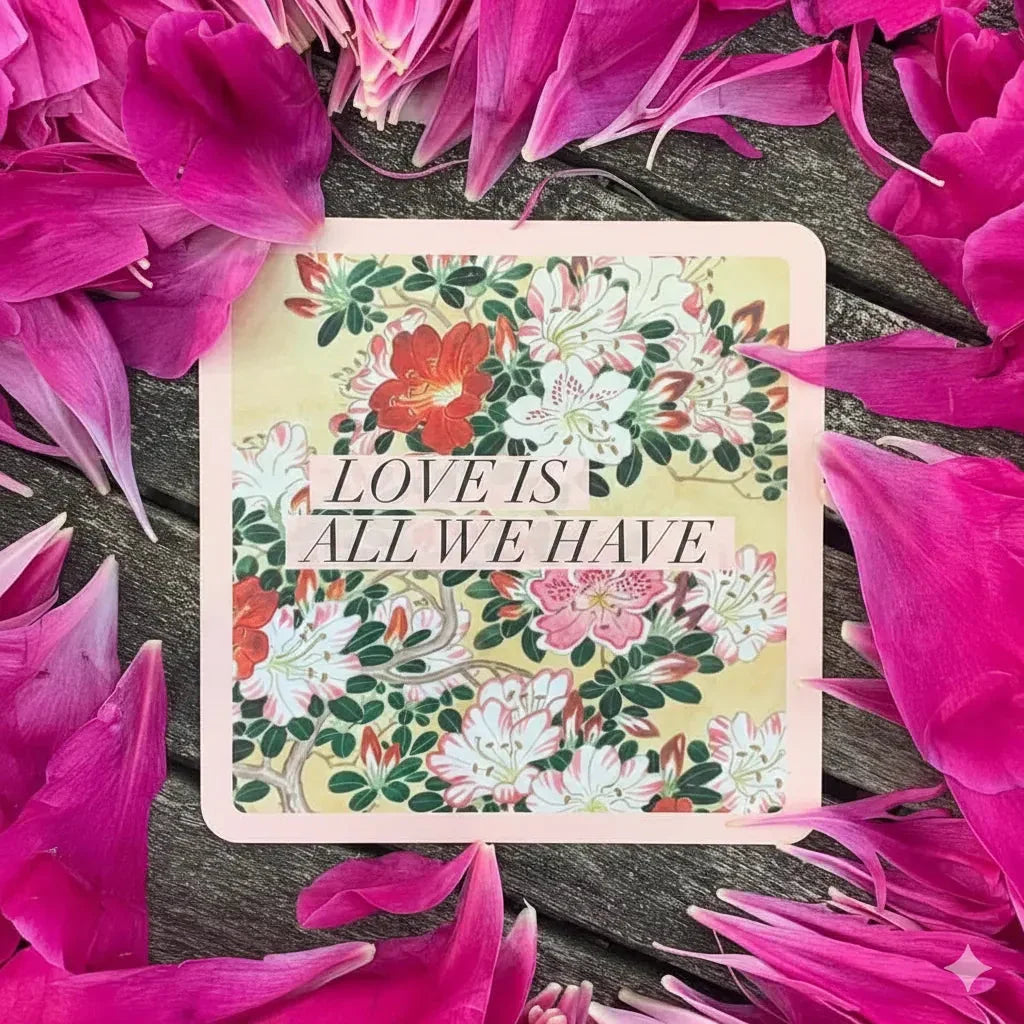 Square cream-colored deck box with "Love Is All We Have" floral design surrounded by vibrant magenta flower petals on dark wood surface.