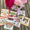 Colorful affirmation cards from the deck arranged on weathered gray wood with vibrant pink and magenta peonies in a glass vase, featuring botanical and animal illustrations with motivational text.