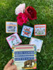 Sarah Bamford Sidelemann's affirmation card deck displayed on green grass with pink, red, and white peonies above, showing colorful card box covers and instruction cards in a flat-lay arrangement.