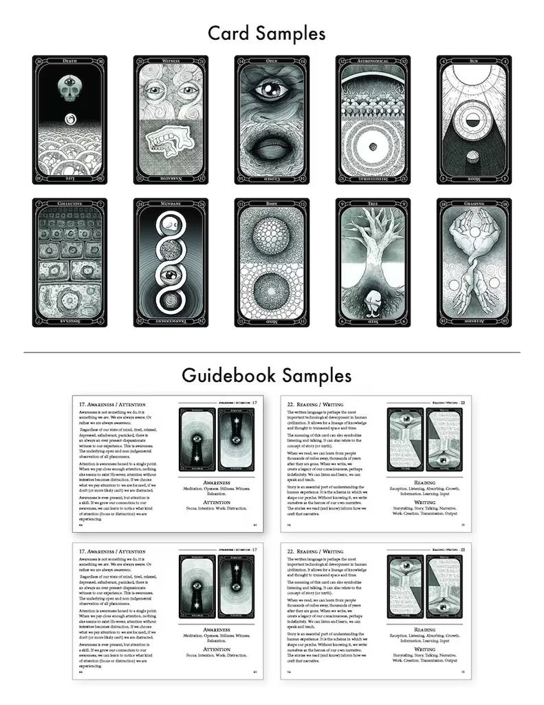 The Eigengrau Oracle Deck Limited Drop by Rage Create features 12 illustrated, dual-sided black-and-white oracle cards with abstract, surreal designs, shown above four sample guidebook pages describing card meanings—all on a white background.