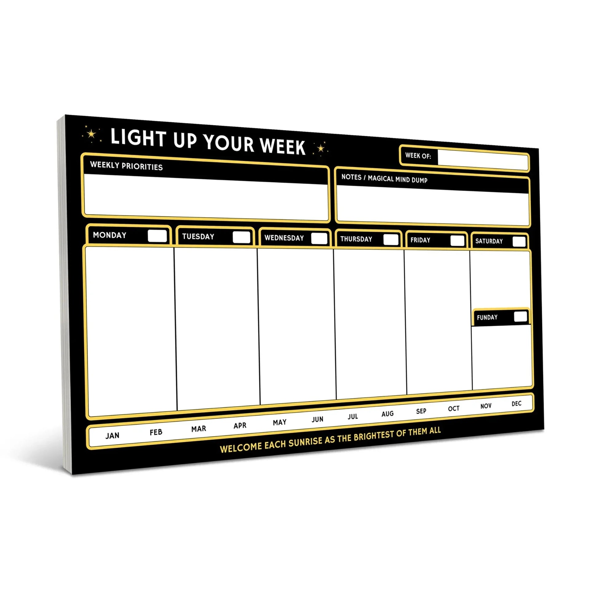 Black weekly planner notepad with gold borders featuring sections for daily schedules Monday through Sunday, weekly priorities, and a notes area, displayed at an angled perspective against a white bac