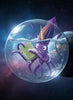 Whimsical purple octopus with golden horn and colorful fins holds a green soap bar inside a translucent water-filled sphere floating in a starry cosmos.