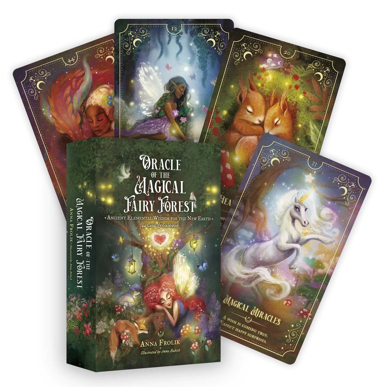 Oracle of the Magical Fairy Forest deck box with illustrated guidebook displayed alongside fanned tarot cards featuring ethereal fairy and forest creature artwork in jewel tones and gold accents.