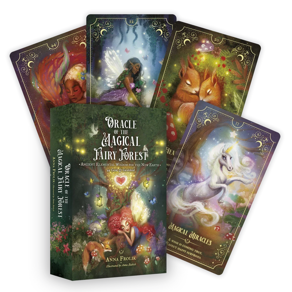 Oracle of the Magical Fairy Forest deck box with illustrated guidebook displayed alongside fanned tarot cards featuring ethereal fairy and forest creature artwork in jewel tones and gold accents.