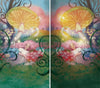 Whimsical illustration of a pink-haired fairy girl surrounded by glowing mushrooms and vines, gazing up at a giant golden butterfly with delicate wings in a magical forest landscape.