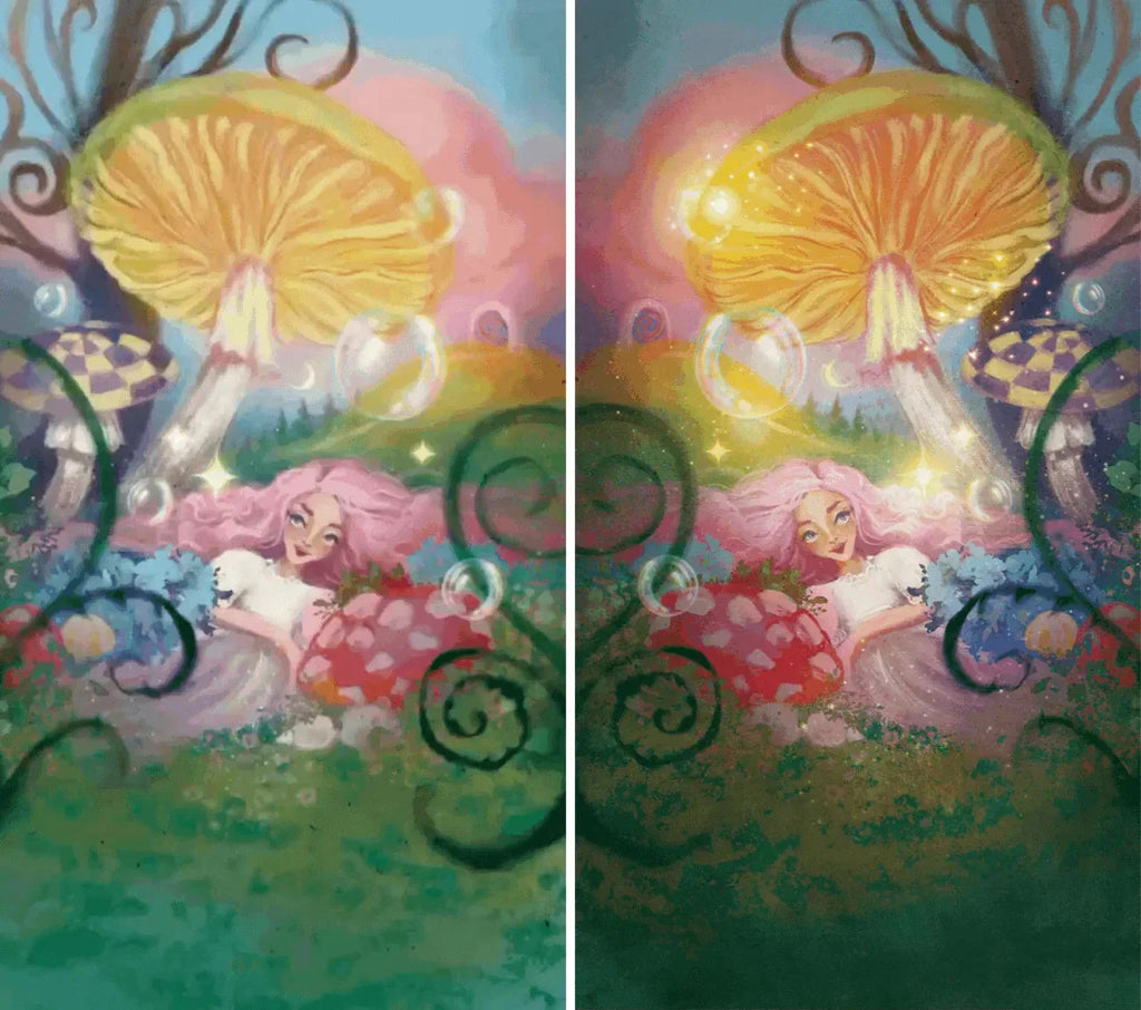 Whimsical illustration of a pink-haired fairy girl surrounded by glowing mushrooms and vines, gazing up at a giant golden butterfly with delicate wings in a magical forest landscape.