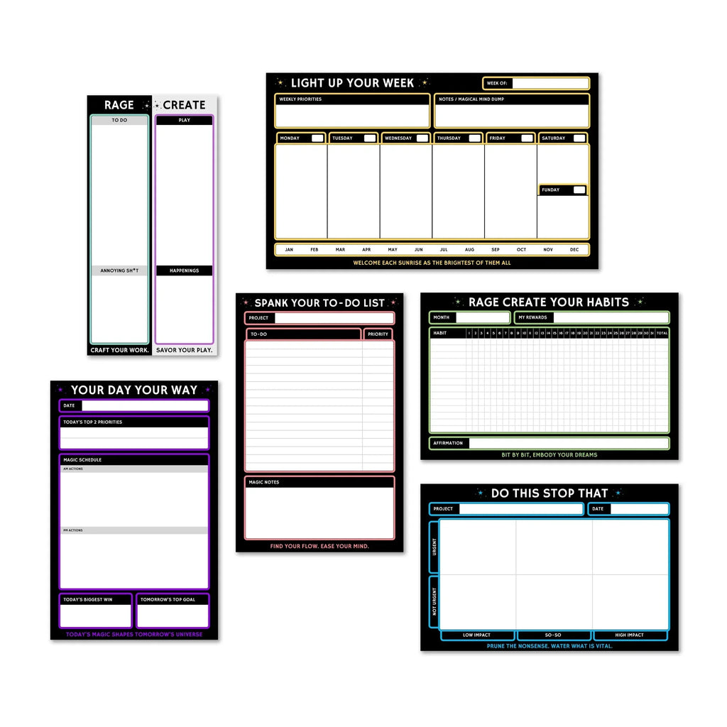 Six motivational planning pads arranged in a flat lay, featuring bold neon accents in purple, pink, yellow, green, and blue against black backgrounds with inspirational phrases and grid layouts for da