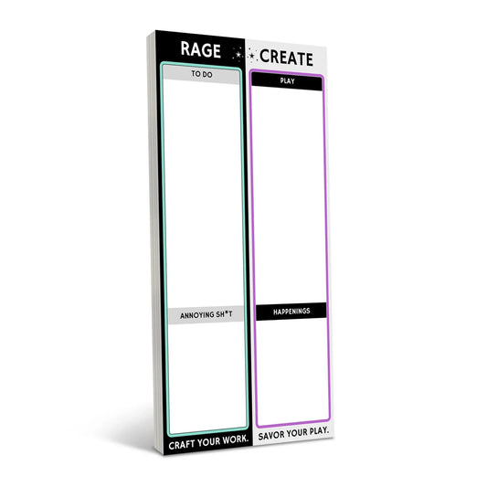 A two-column notepad with teal-bordered left panel labeled 'Rage' featuring 'To Do' and 'Annoying Sh*t' sections, and purple-bordered right panel labeled 'Create' with 'Play' and 'Happenings' sections