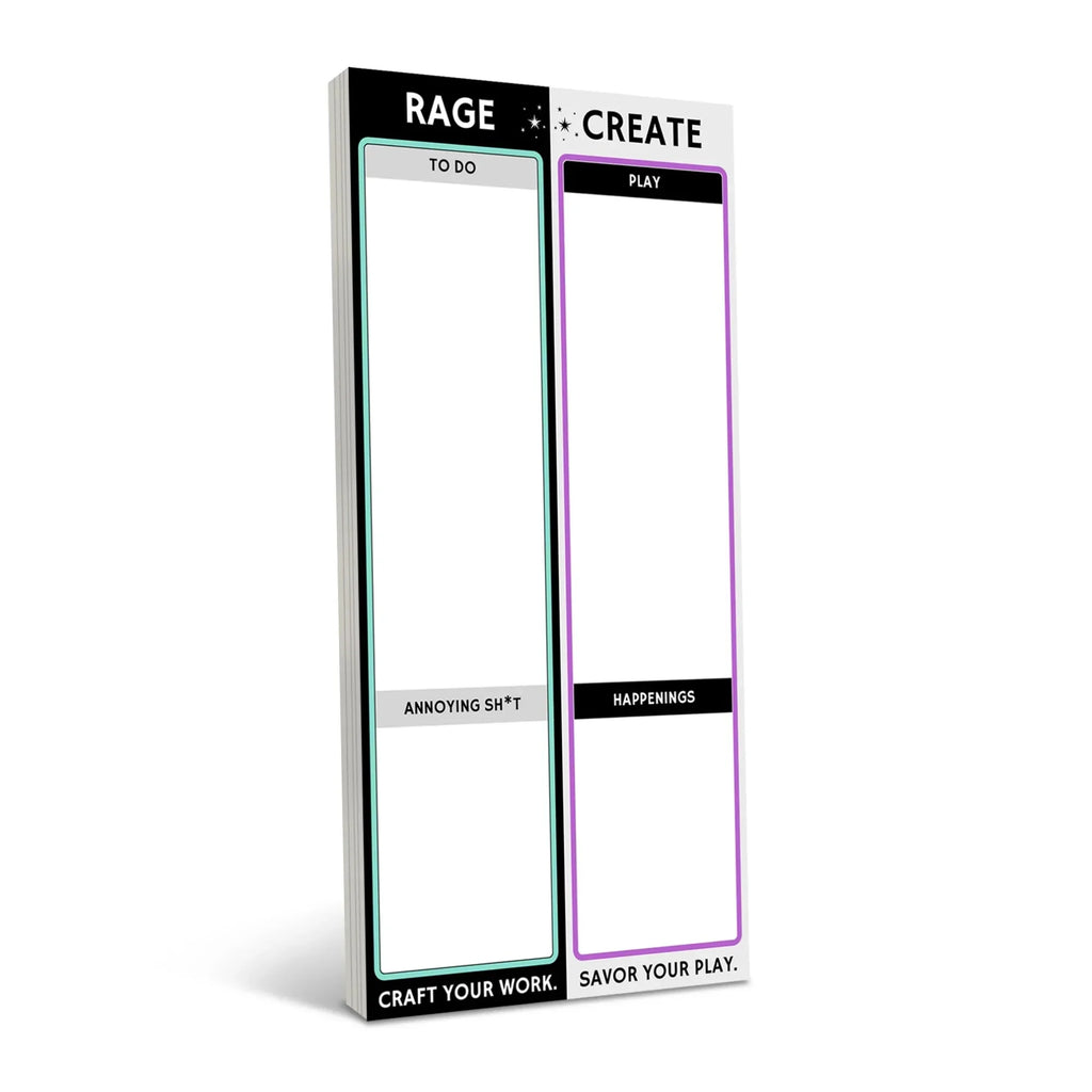 A two-column notepad with teal-bordered left panel labeled 'Rage' featuring 'To Do' and 'Annoying Sh*t' sections, and purple-bordered right panel labeled 'Create' with 'Play' and 'Happenings' sections