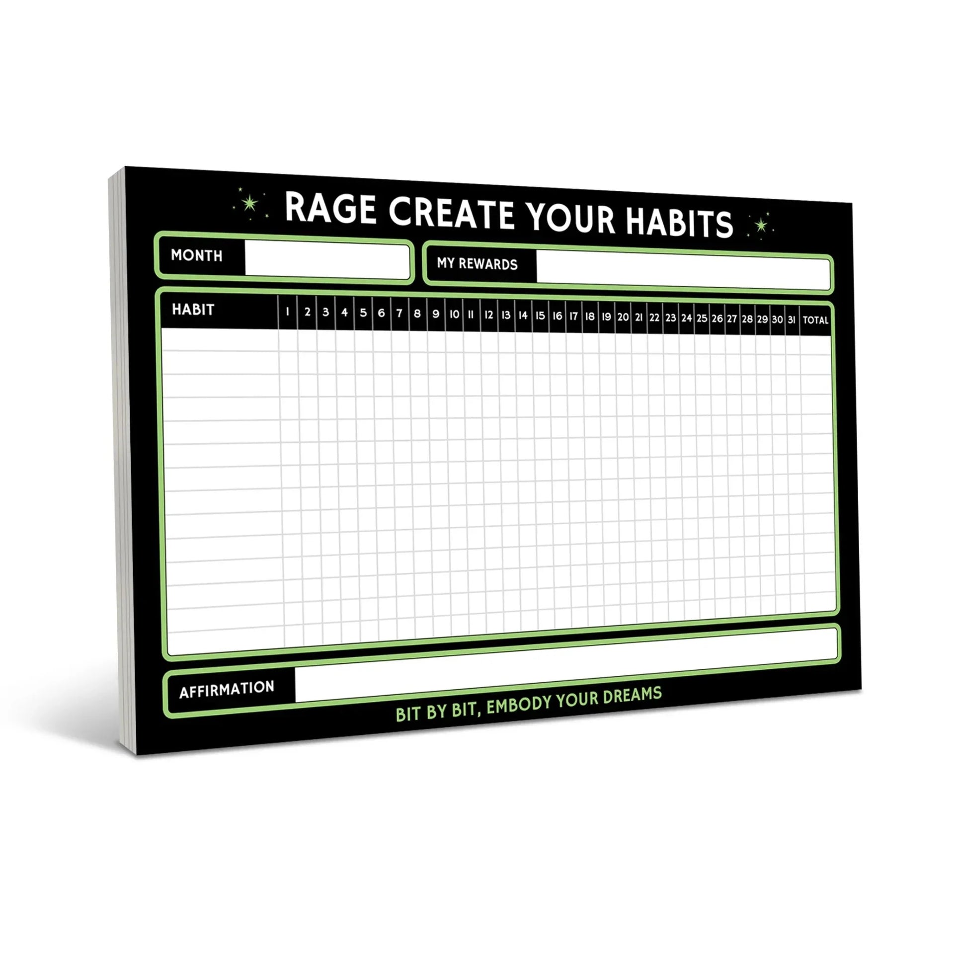 Black habit tracker pad with neon green borders and white grid layout, featuring monthly tracking columns numbered 1-31 and rows for multiple habits with a rewards section at top.