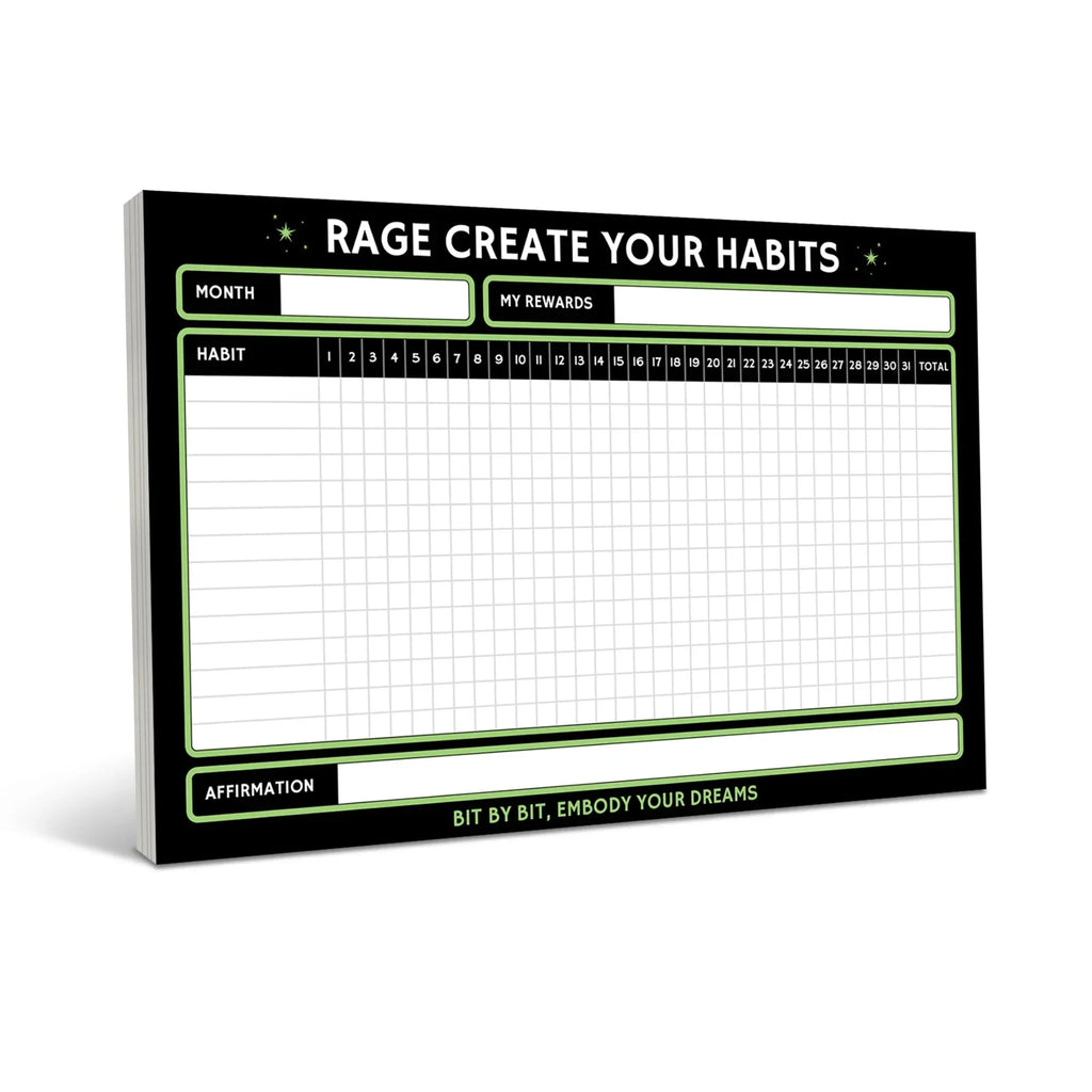 Black habit tracker pad with neon green borders and white grid layout, featuring monthly tracking columns numbered 1-31 and rows for multiple habits with a rewards section at top.