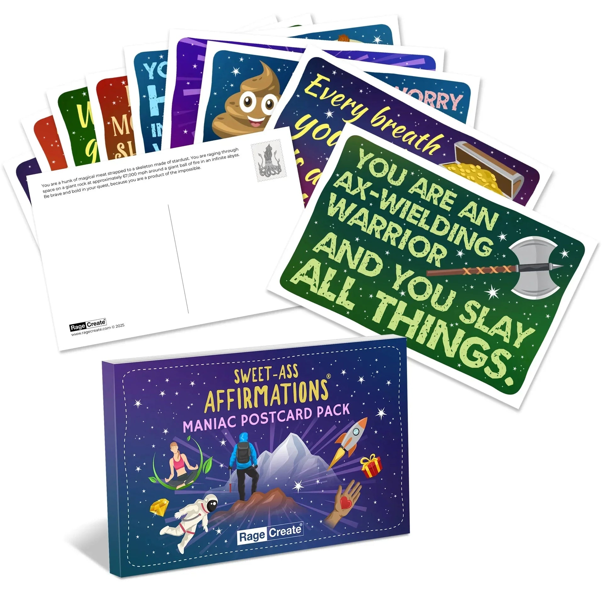 Sweet-Ass Affirmations Maniac Postcard Pack featuring a purple box with colorful fanned postcards displaying empowering messages and illustrated characters on starry backgrounds.