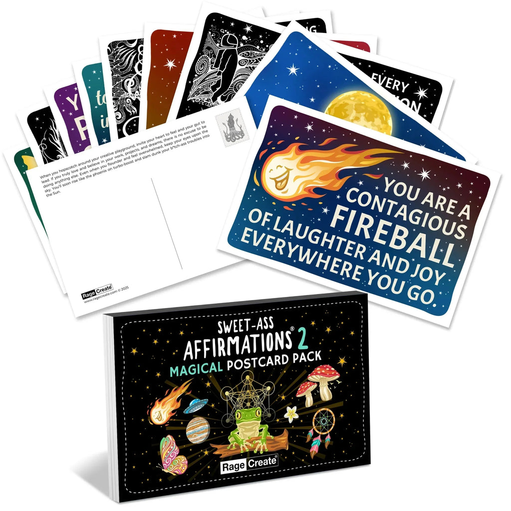 Sweet-Ass Affirmations 2 postcard pack with black box featuring colorful mystical imagery, fanned cards showing celestial designs and bold affirmation text on backgrounds of deep blue, purple, and sta