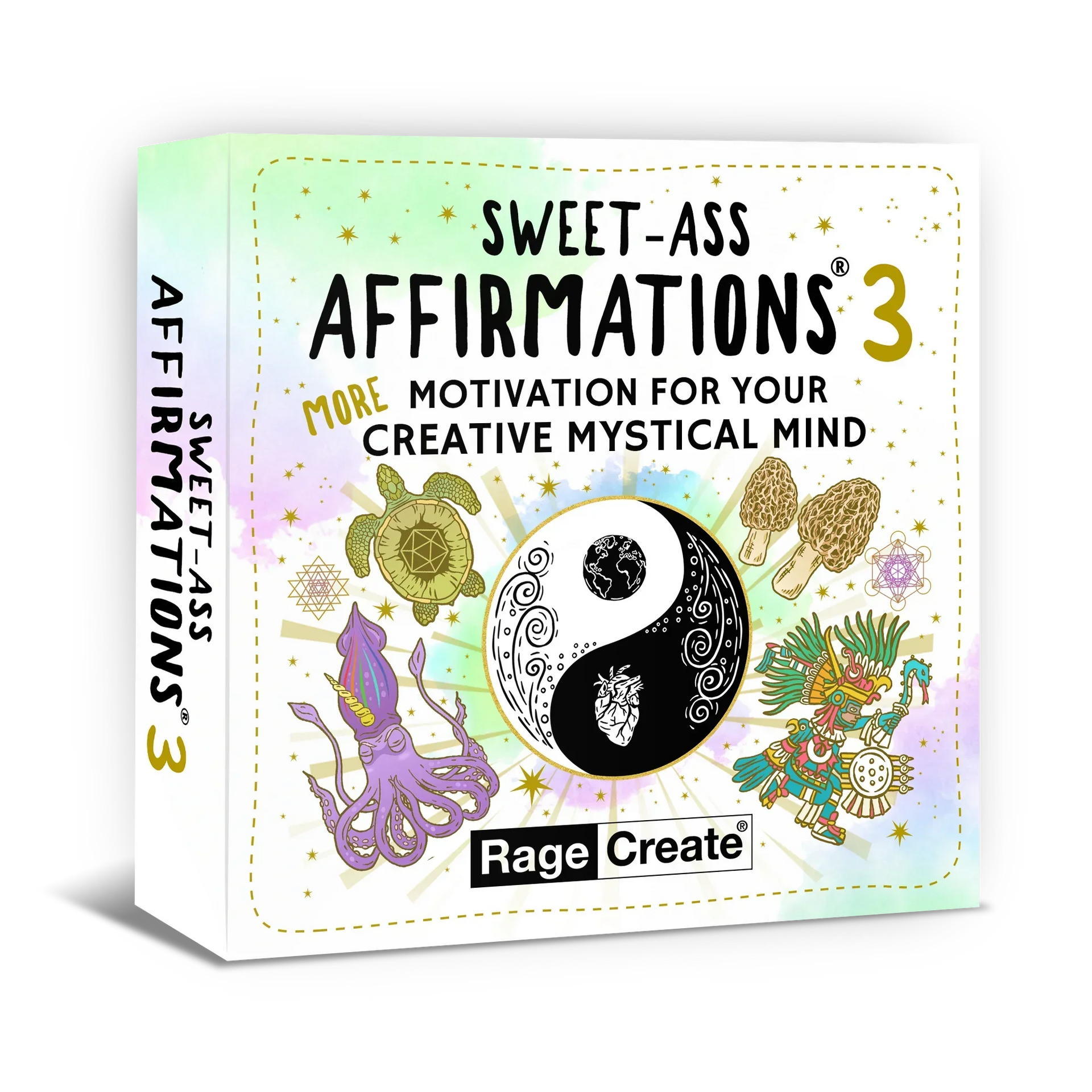 Sweet-Ass Affirmations 3 deck box displayed at three-quarter angle, featuring a pastel mint-to-lavender gradient background with gold stars, a central yin-yang symbol, and colorful mystical illustrati