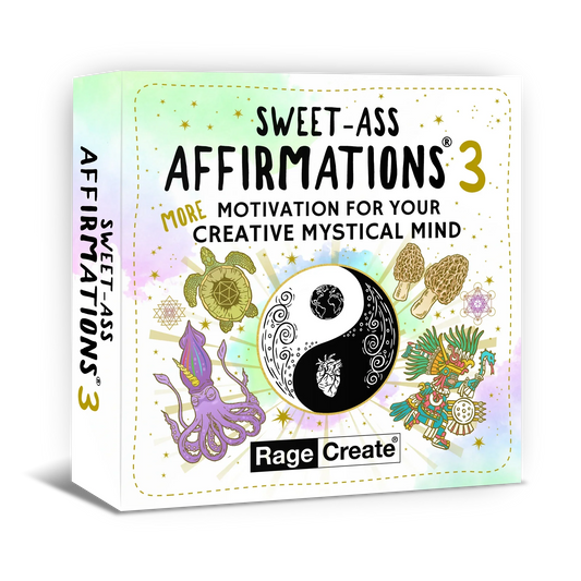 Sweet-Ass Affirmations 3 deck box displayed at three-quarter angle, featuring a pastel mint-to-lavender gradient background with gold stars, a central yin-yang symbol, and colorful mystical illustrati