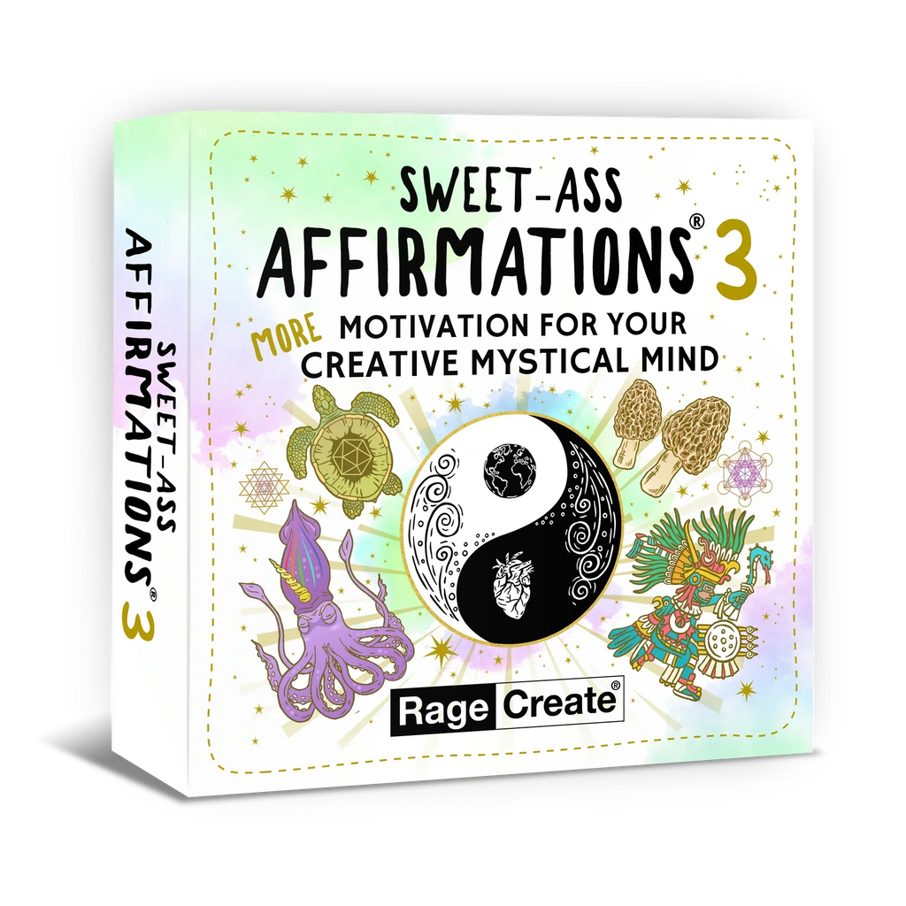 Sweet-Ass Affirmations 3 deck box displayed at three-quarter angle, featuring a pastel mint-to-lavender gradient background with gold stars, a central yin-yang symbol, and colorful mystical illustrati