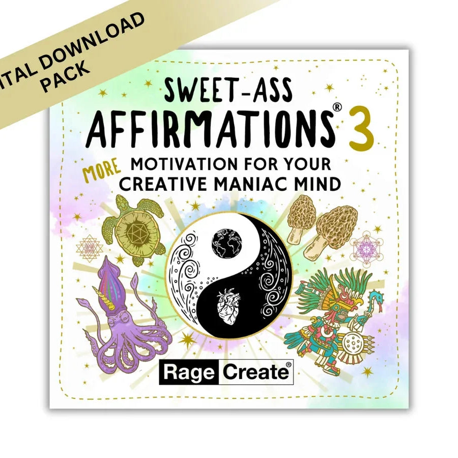 Digital deck pack cover art for Sweet-Ass Affirmations 3 featuring a decorative yin-yang symbol with mystical illustrations including an octopus, turtle, mushrooms, and colorful Aztec-style figure aga